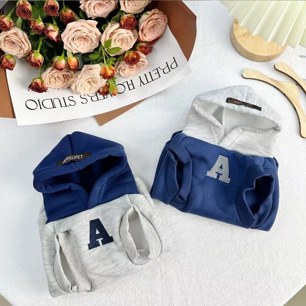 Blue and grey white pet hoodie with reflective letters, slim-fitting design for cats and dogs