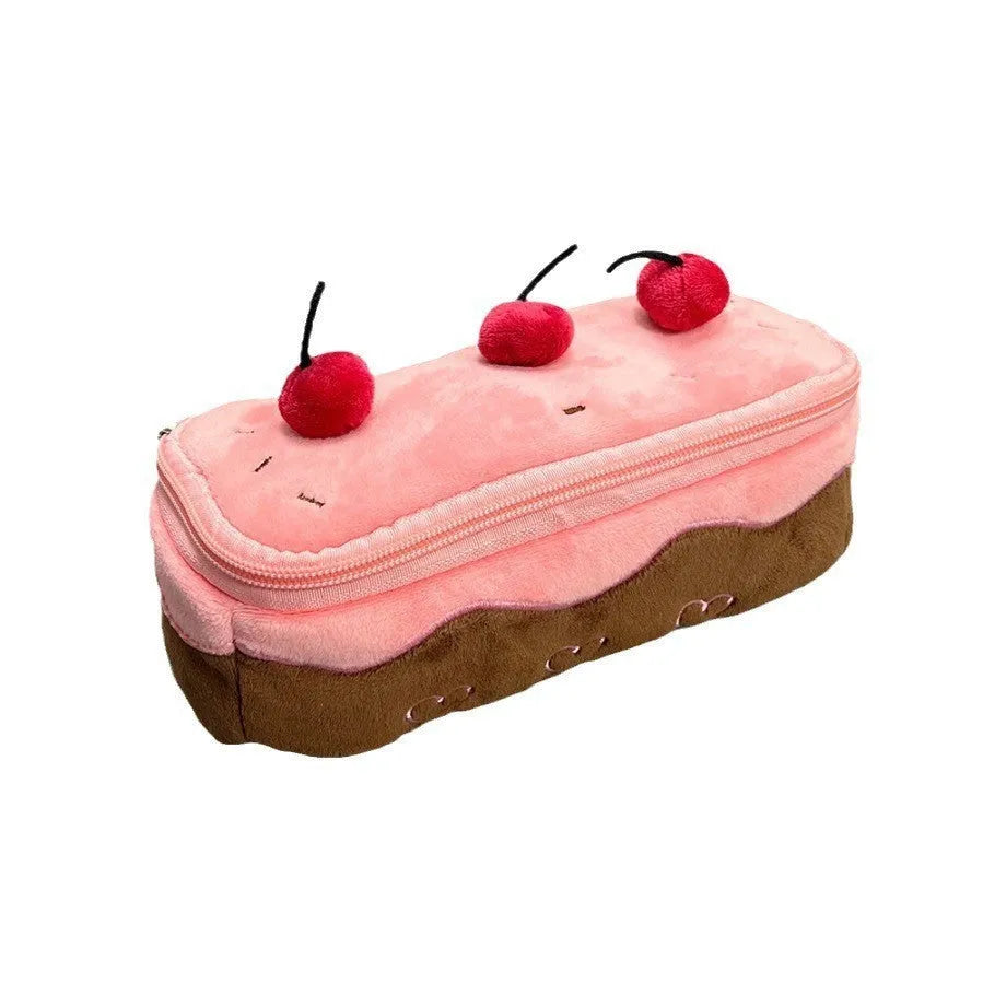 Soft cherry cake patterned velvet pencil bag with a zipper.