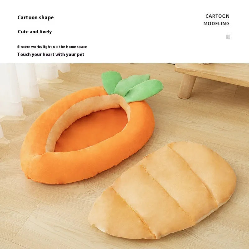 Cartoon carrot pattern double-sided removable washable cloth dog bed in medium and large sizes.