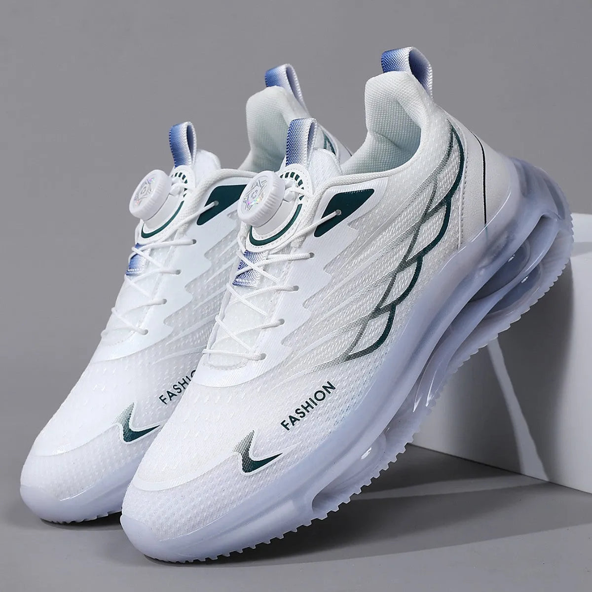 White youth casual shoes with rotating button fastener and mesh upper on rubber sole