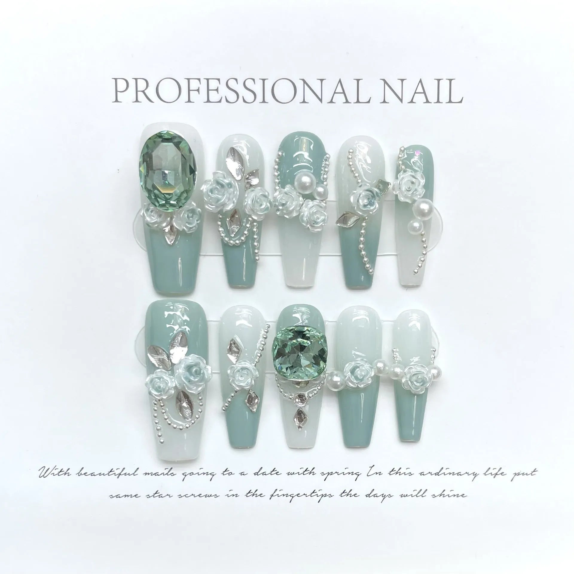 Camellia gradient chain nail art set with diamond, bow and butterfly designs on plastic armour suit