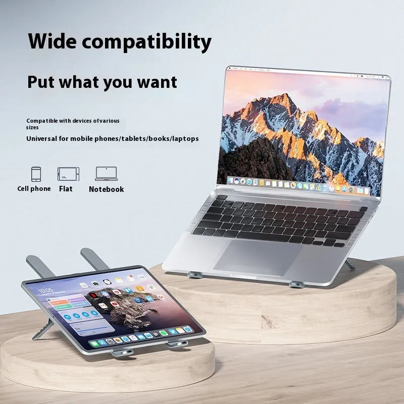 Silver aluminium laptop stand with twin cooling fans in folded and open positions