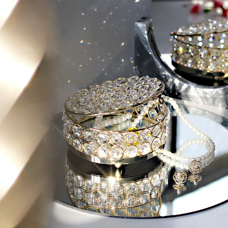 Transparent crystal glass jewellery box with French gold metal accents in European style design