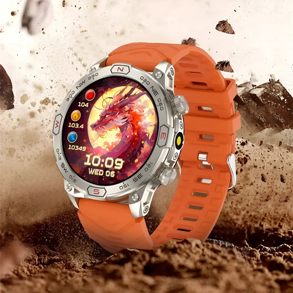 Sports smart watch with AMOLED screen on silicone strap showing fitness metrics