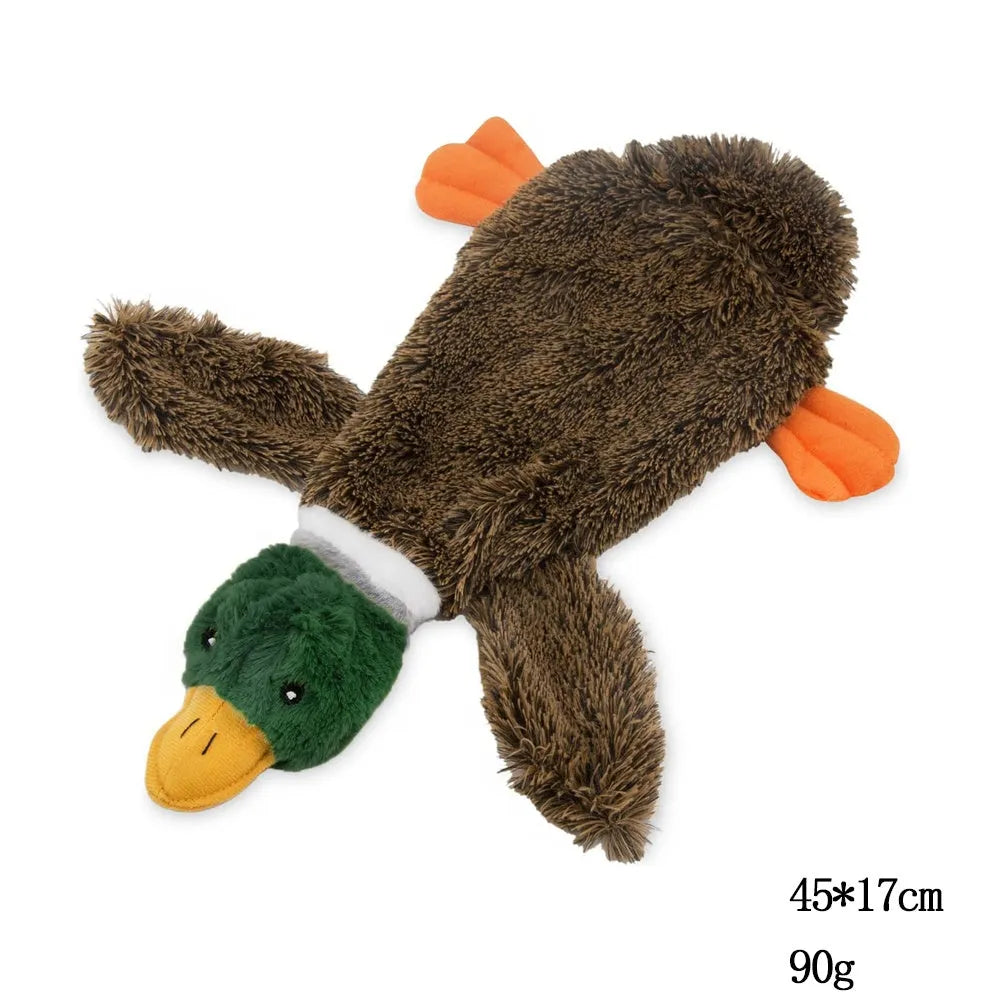 Green wild duck shaped stuffless plush dog toy with dual squeakers and a bottom fastener for bottle insertion.