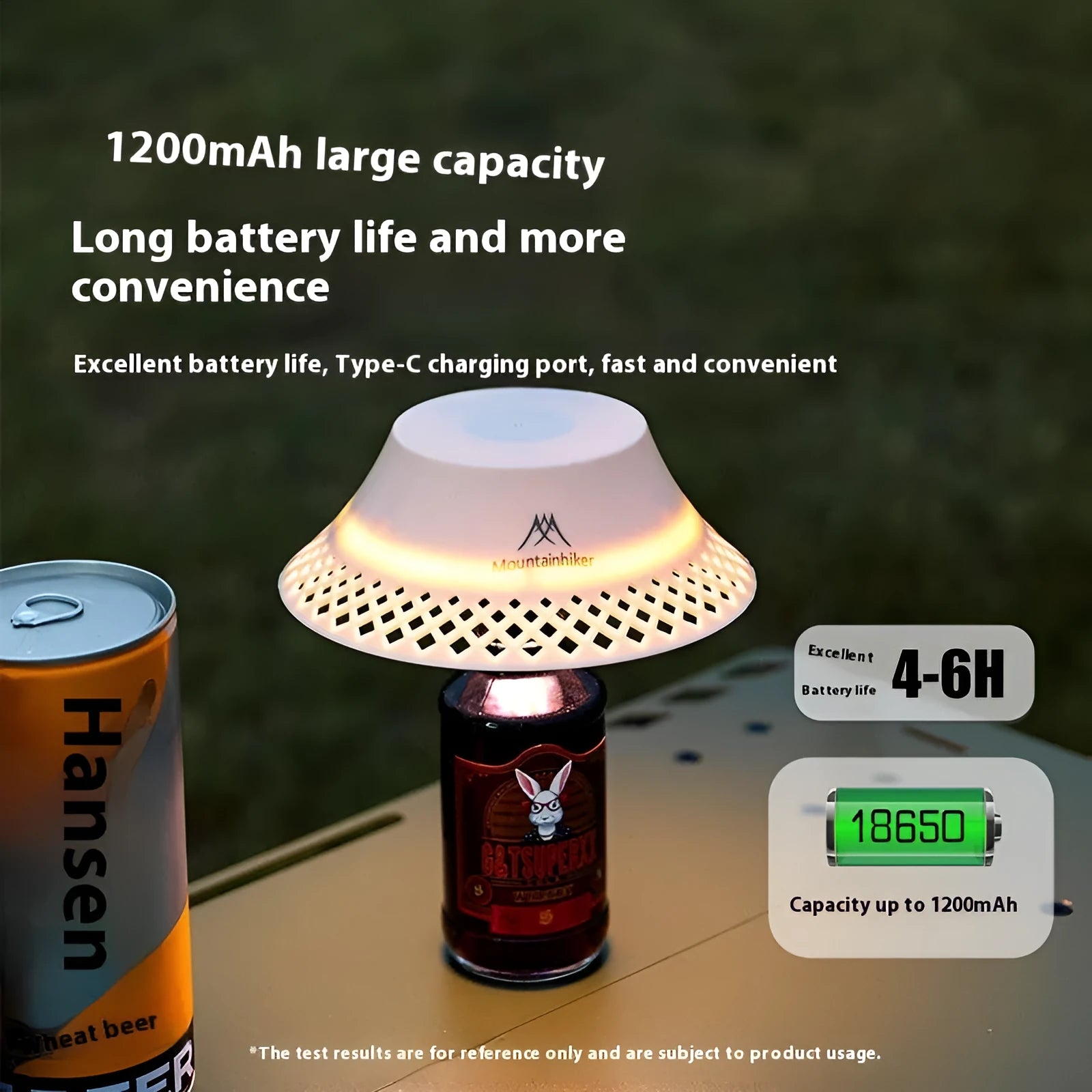 Wine bottle design camping lantern in beige or grey colour with USB-C charging port