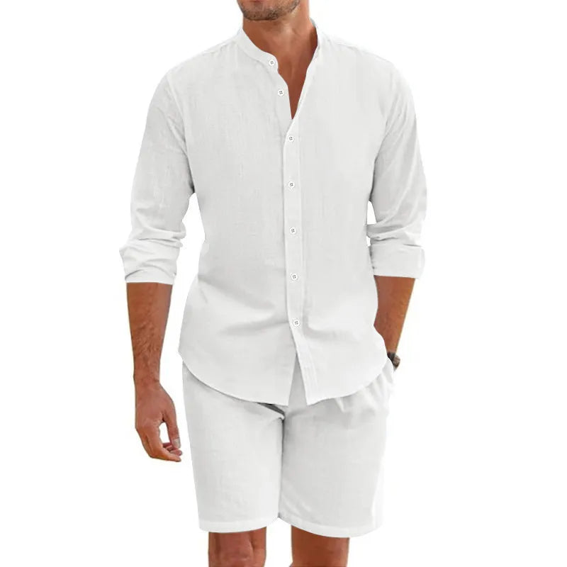 Men's linen summer suit with button-down short sleeve shirt and drawstring shorts in five colour options