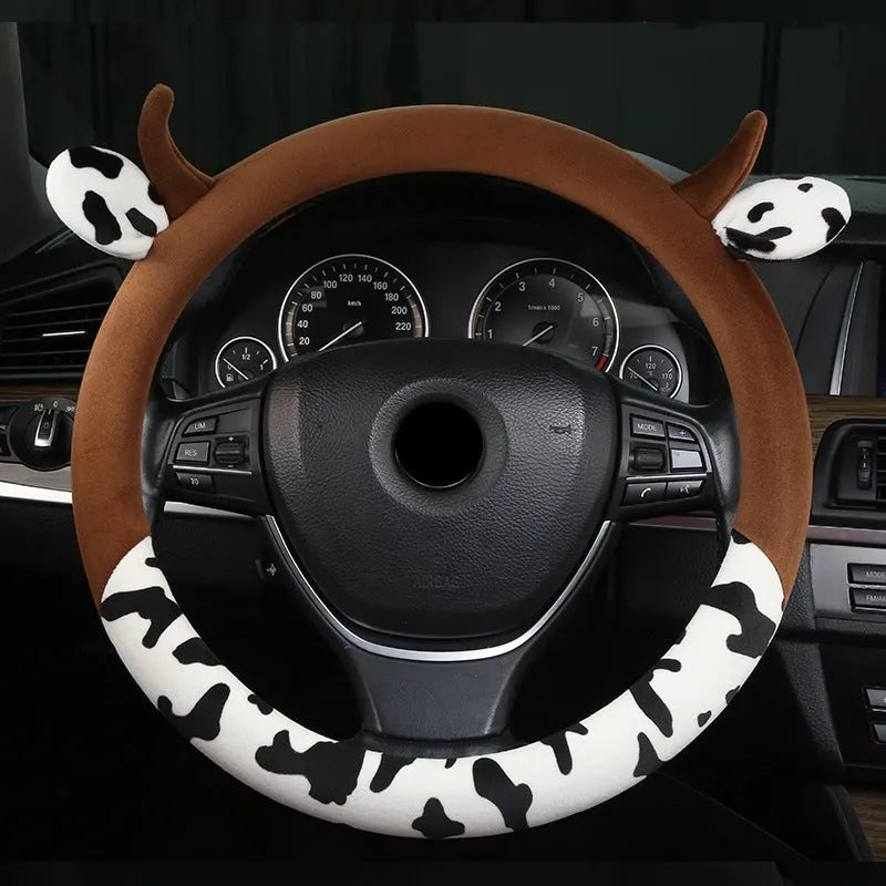 Plush car steering wheel cover with protective handle in black or coffee colour
