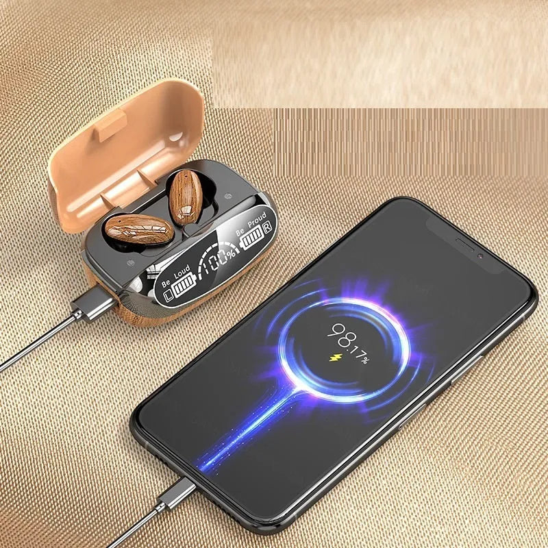 M35 wood grain finish true wireless stereo Bluetooth headset with charging case on display.