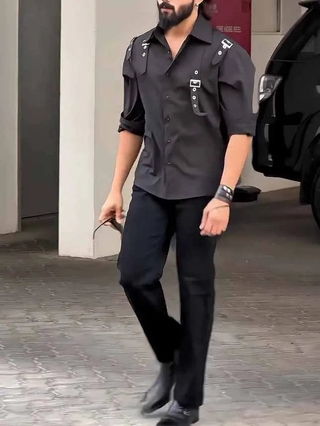 Black utility-style men's button-up shirt with regular fit and polyester material