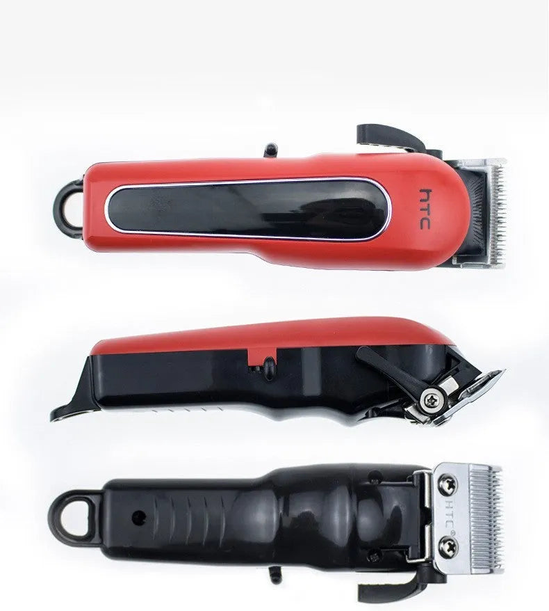 Professional black rechargeable hair clipper with four plastic limiting combs and accessories on a white background.