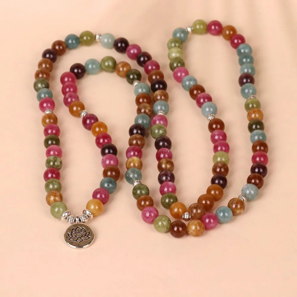 108-bead lotus hanging bracelet with tourmaline-coloured alloy beads on adjustable string