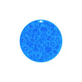 Round blue silicone pet licking mat with textured surface and a suction cup on the base.