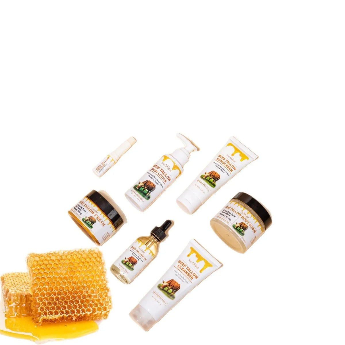 Butter Honey seven-piece skincare set box containing facial cleanser, face cream, lipstick, protective cream, body lotion, facial scrub, and beef tallow.