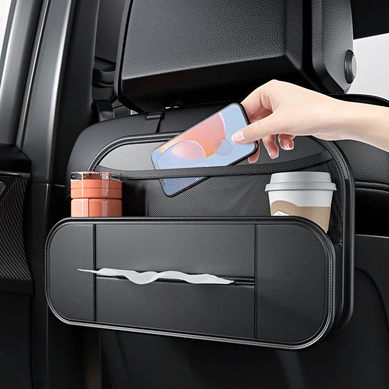 Black leather car seat rear storage bag with adjustable straps showing 36cm organisable space