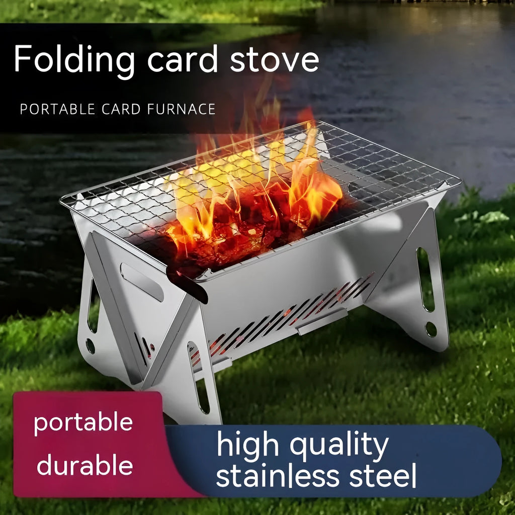 Folding stainless steel barbecue oven with large grill plate and storage bag.