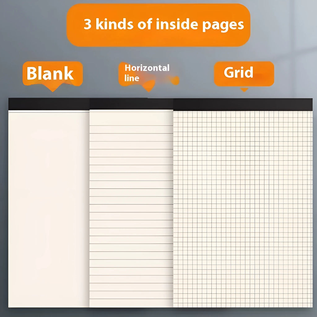 A5, B5, and A4 tearable writing pads with blank, grid, and lined paper options
