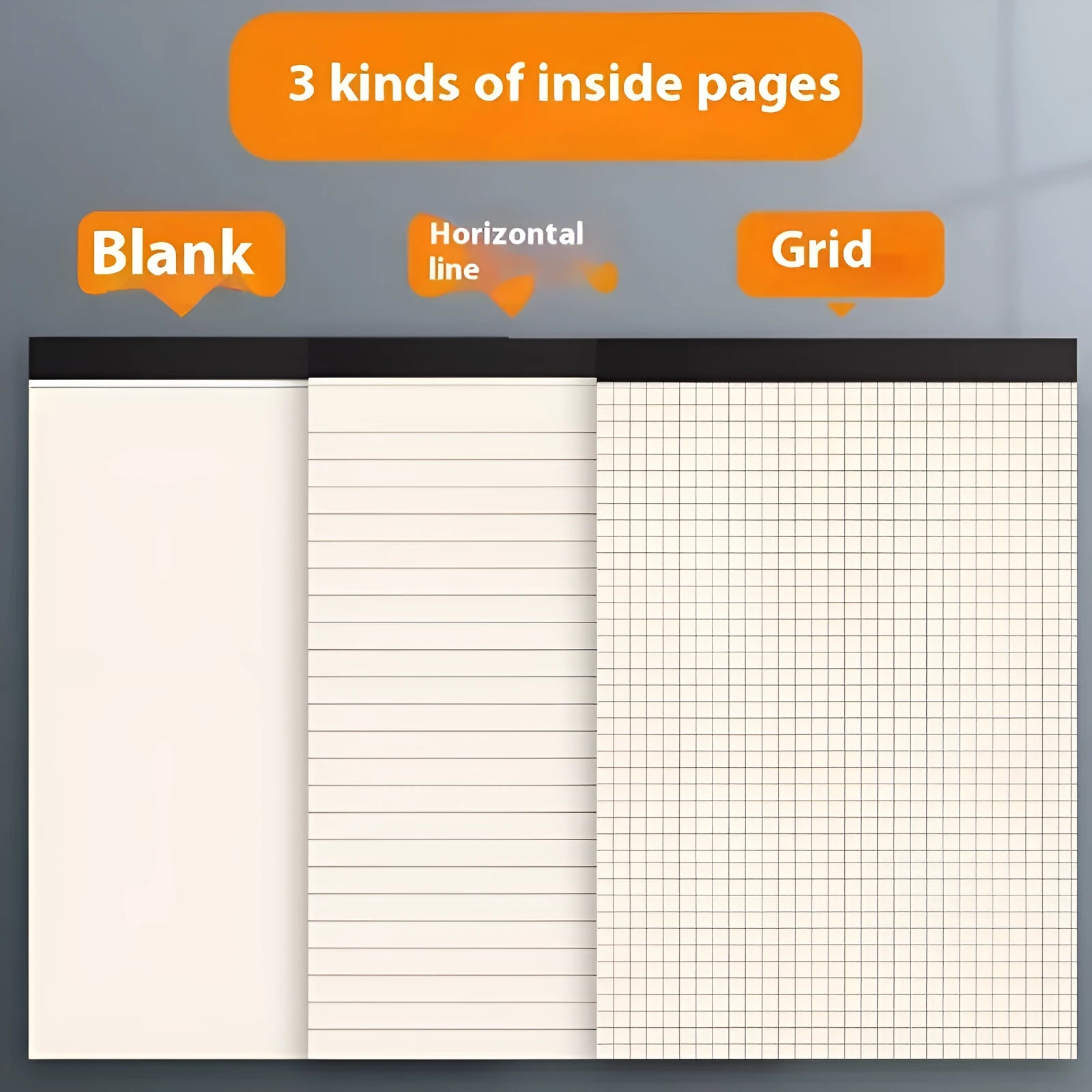 A5, B5, and A4 tearable writing pads with blank, grid, and lined paper options