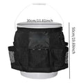 Black cylindrical polyester storage bag hanging on a 5 gallon barrel with car washing tools inside