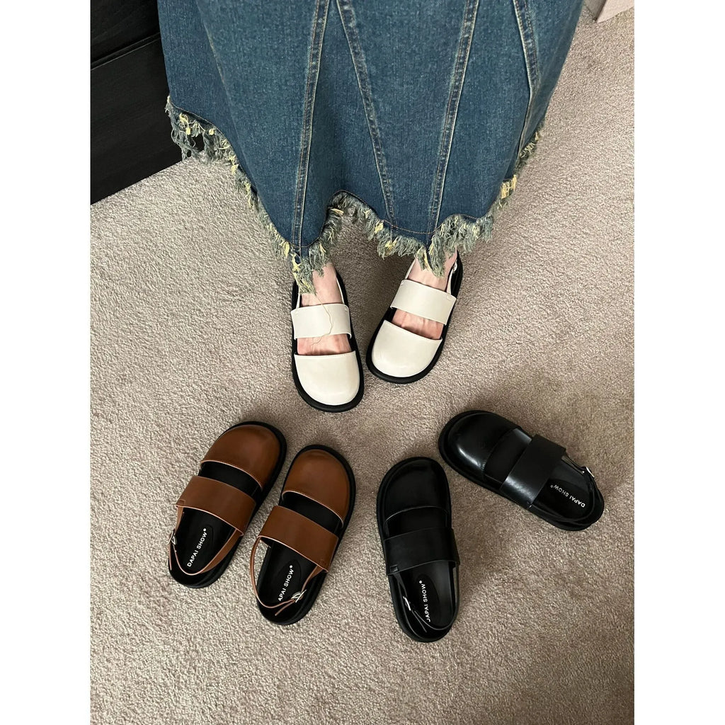 Korean retro sandals with closed toe design and adjustable ankle strap buckle in microfiber material