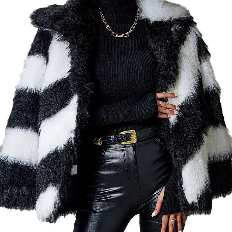 Women's faux fur coat with lapel contrast colour and fur collar in normal 50cm length