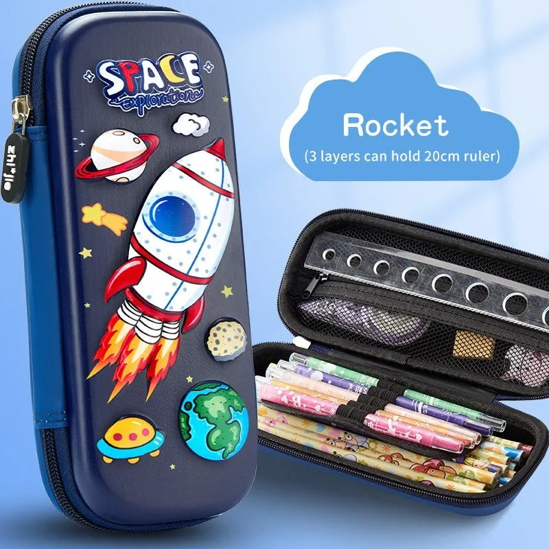 3D leather pencil case showing embossed astronaut and dinosaur design options.