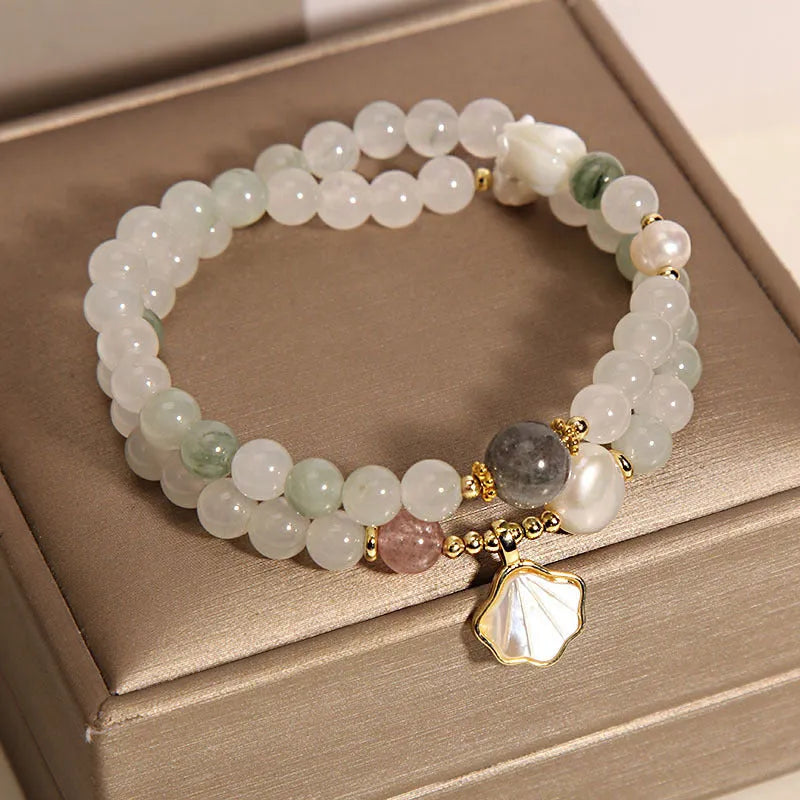 Women's crystal bracelet with Tianshan jade ginkgo leaf pendant, gold-plated artificial gemstone inlay, and rhinestones