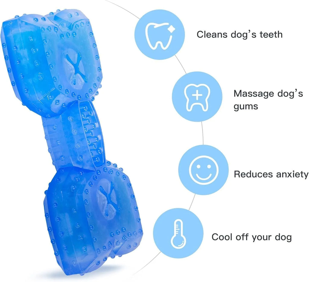 Freezable dog teething toy in bone and circle shapes for cooling chew and dental care