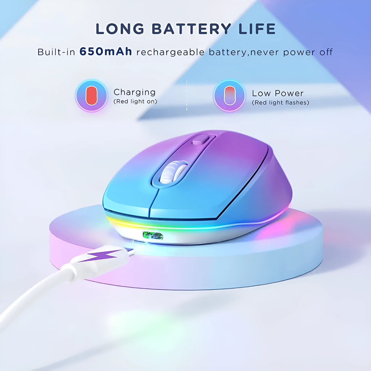 24g rechargeable wireless mouse showing ergonomic design and compact 108x64x32mm dimensions with USB connector