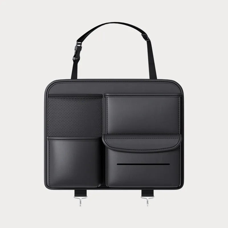Black leather car seat back storage hanging bag with handle shown in large and small size options