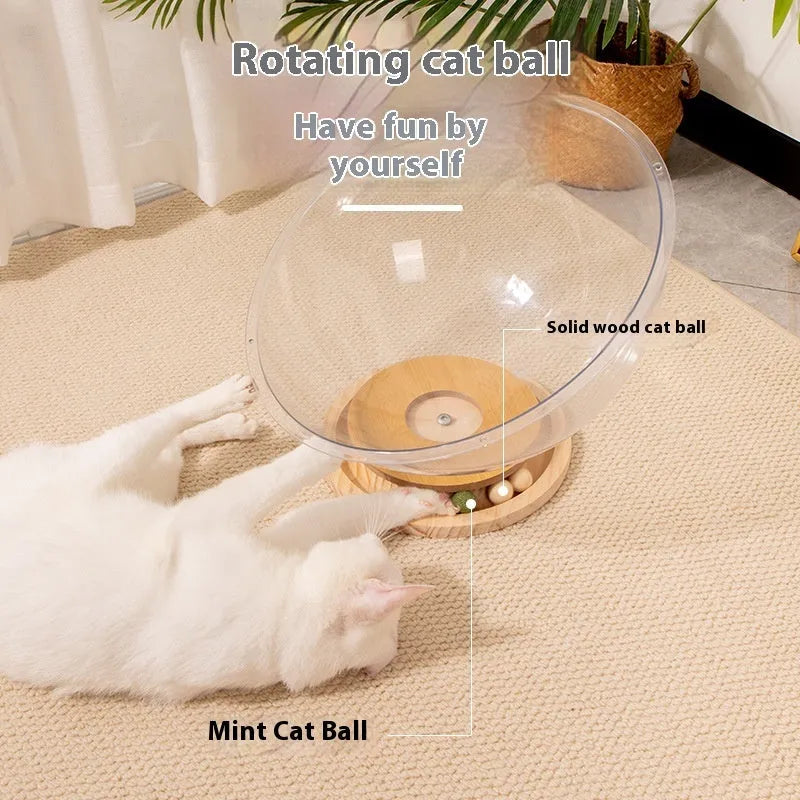 Transparent acrylic cat space capsule bed with a turntable base on a wooden floor.