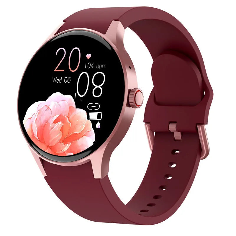 Smart Bluetooth sport watch with circular AMOLED display in black, blue, pink, or red colours