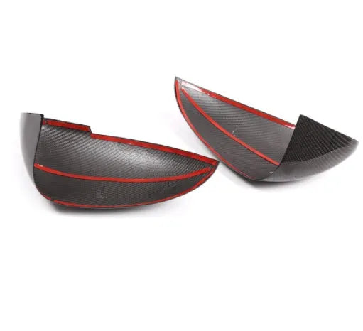 Carbon fibre rearview mirror covers for Porsche Macan with black finish and woven texture