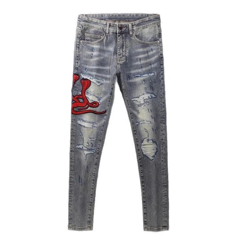 Old colour slim fit jeans with washed-out hole patch embroidery and micro-elasticity cotton fabric