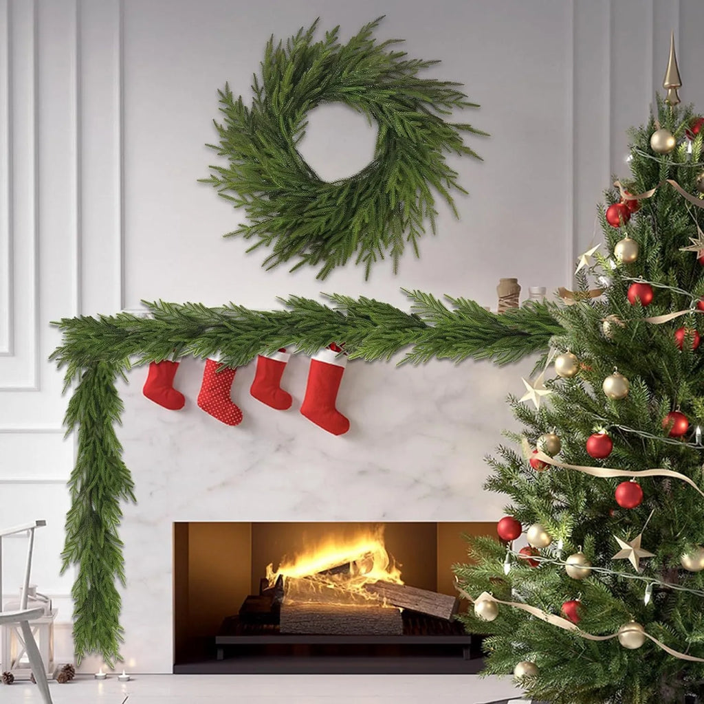 PE plastic front door garland in American country style, 60cm long with green leaves.