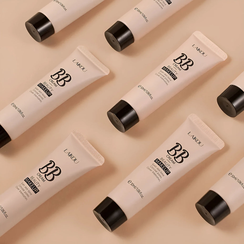 30ml tube of BB cream showing nine shade options from ivory to brown.