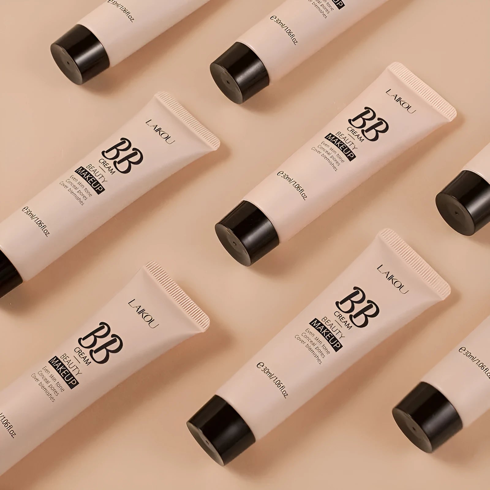 30ml tube of BB cream showing nine shade options from ivory to brown.