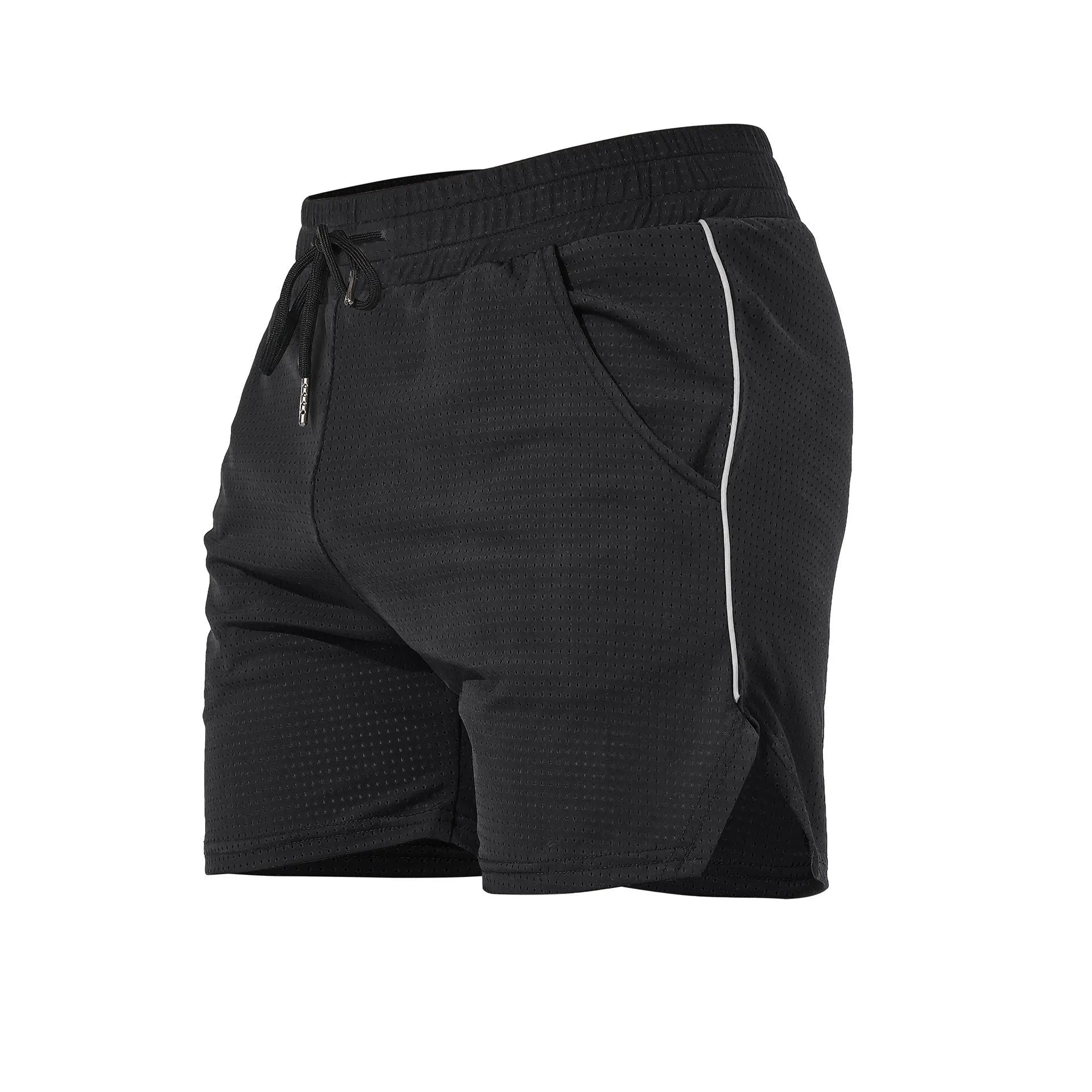Men's straight-leg polyester sports shorts in black, shown flat.