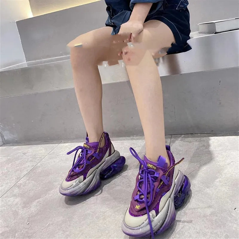 Women's leather casual sports shoes with thick jelly soles in multiple colours showing cross-tie design