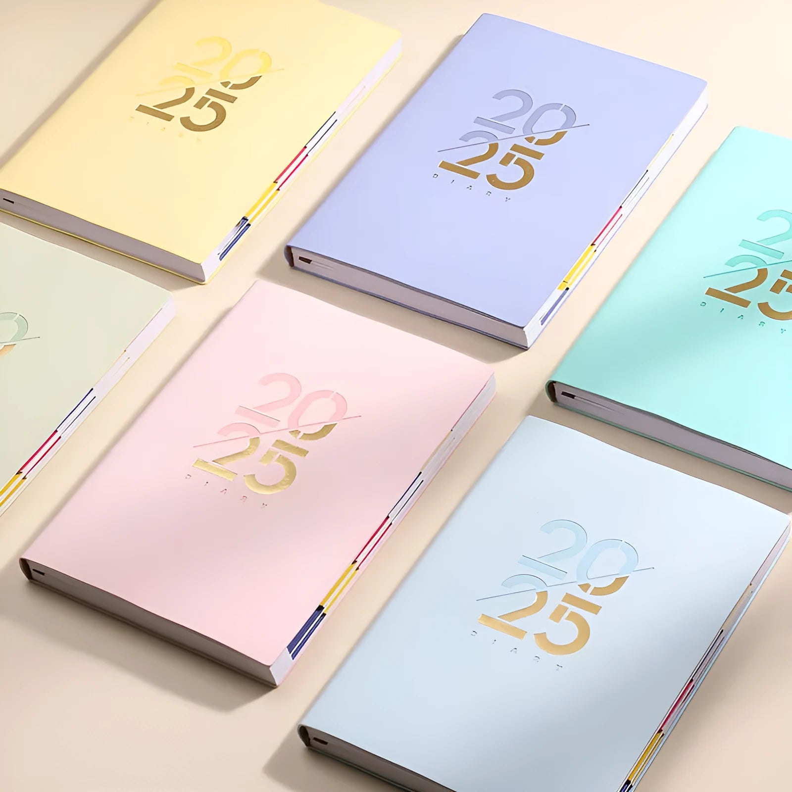 A5 daily planner with soft faux leather cover showing thread binding and open pages