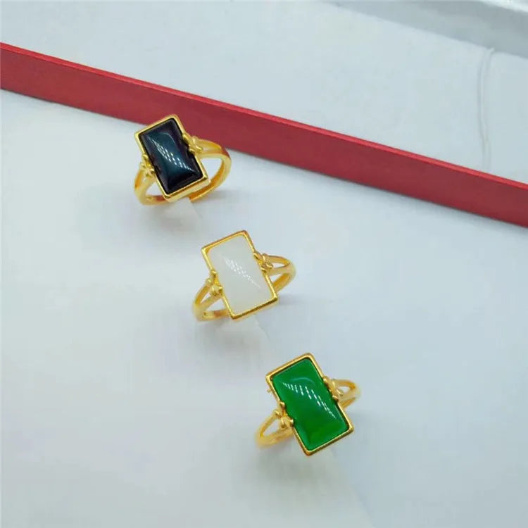 Brass gold-plated adjustable ring with gemstone inlay in national style design