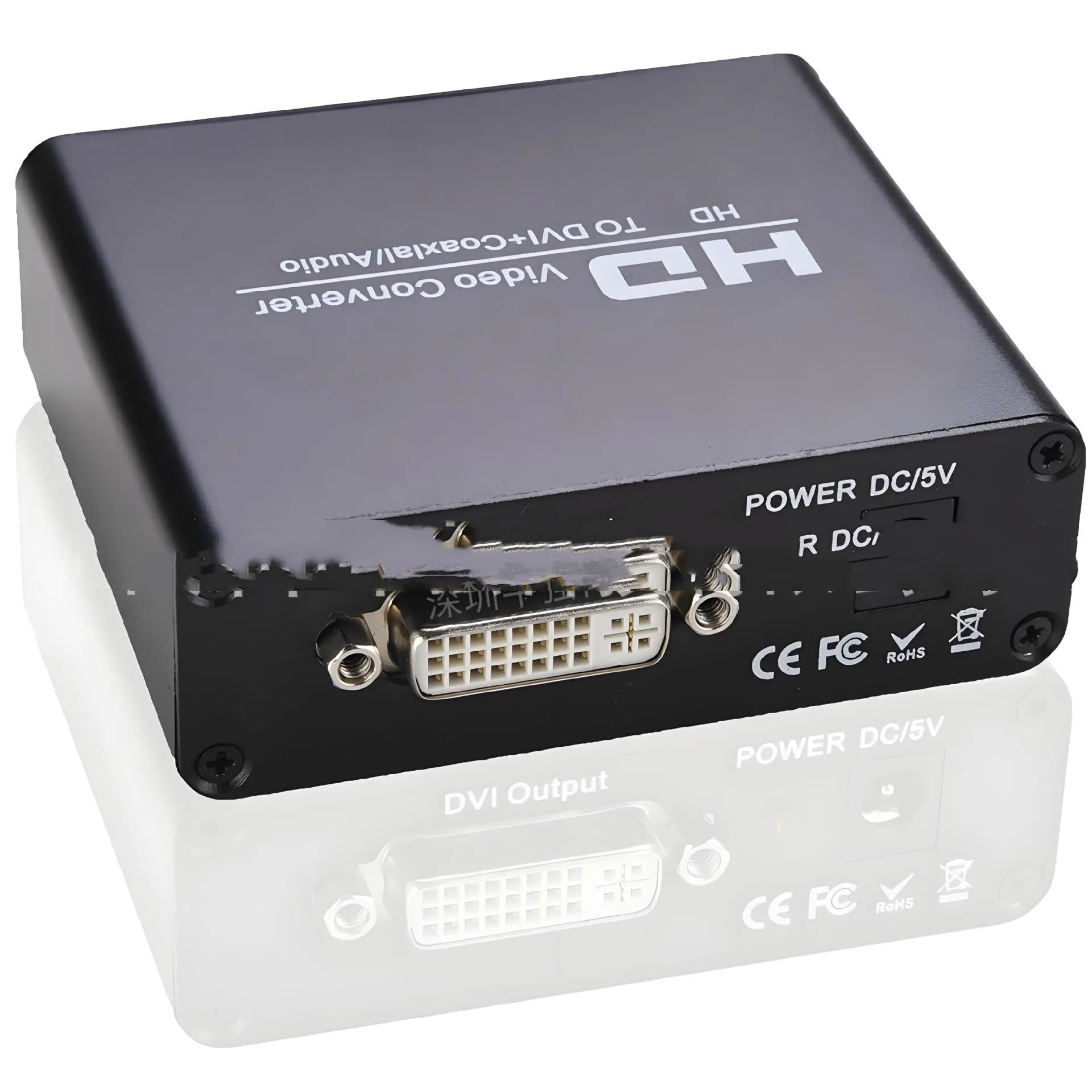 Black HDMI to DVI converter cable with coaxial audio output and power supply unit