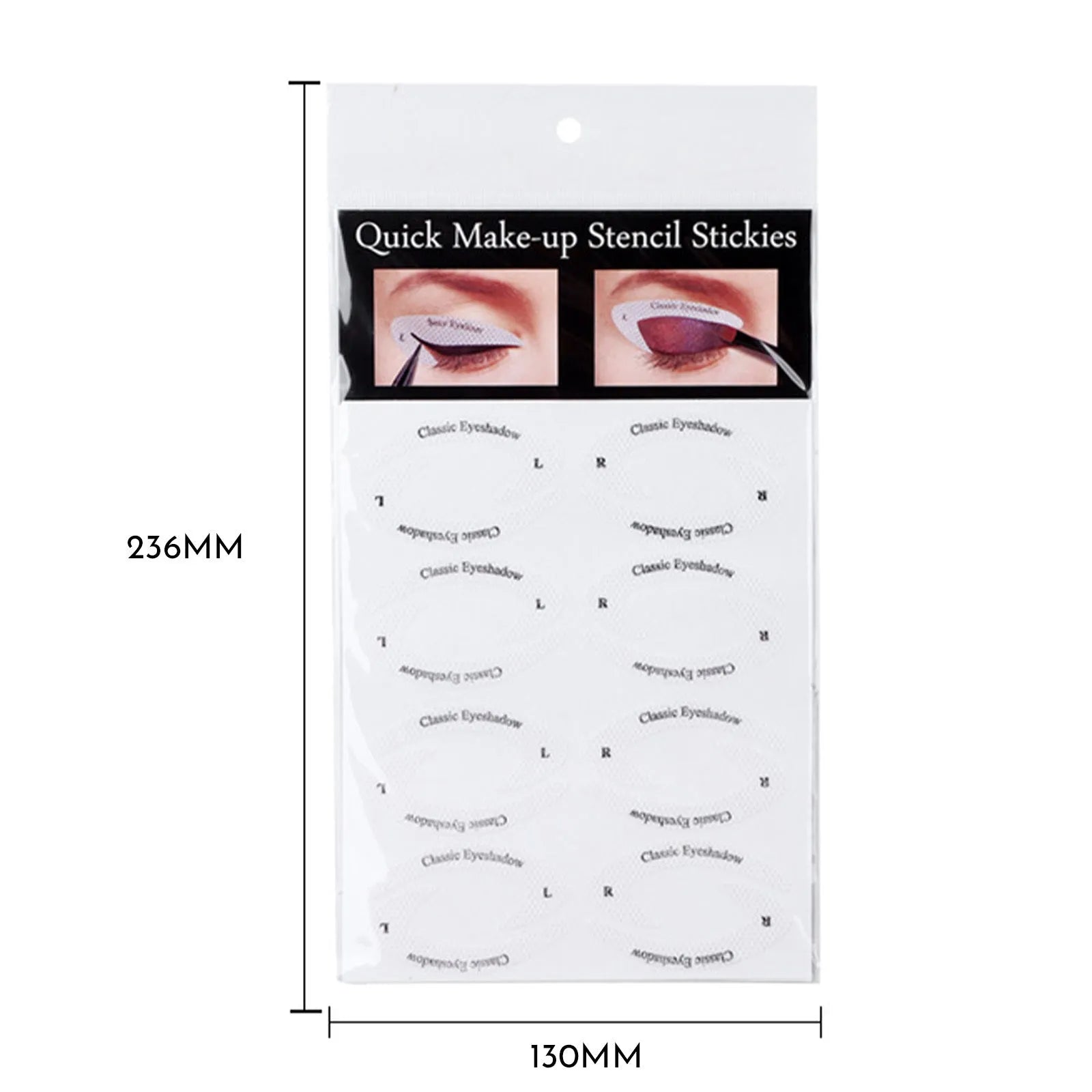 Pack of four reusable flexible eyeliner and eyeshadow makeup stencil stickers on a pink background