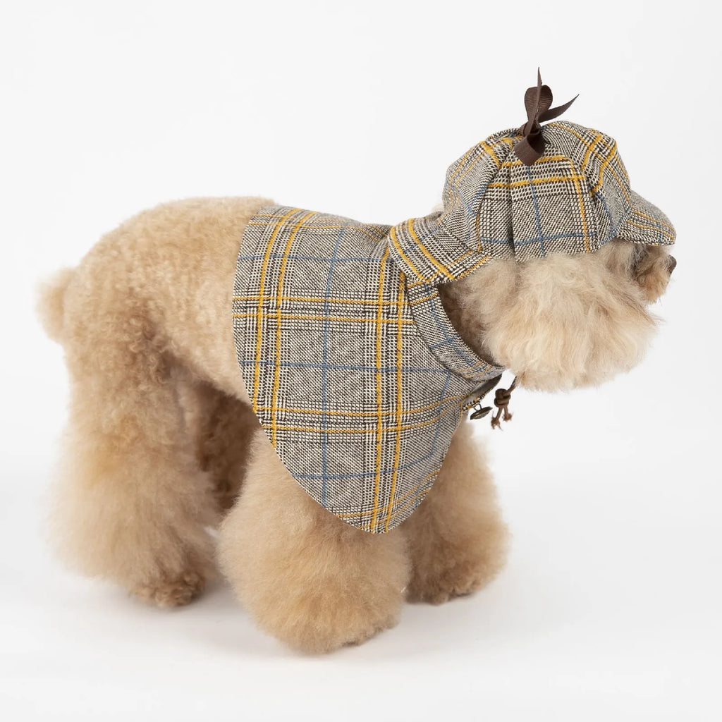 Camel coloured cotton pet cloak with adjustable hat for small dogs in spring and autumn