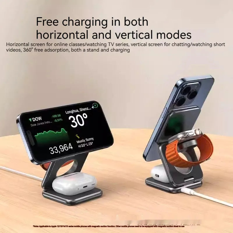 White foldable magnetic wireless phone charger holder with 360-degree rotating base on a desk.