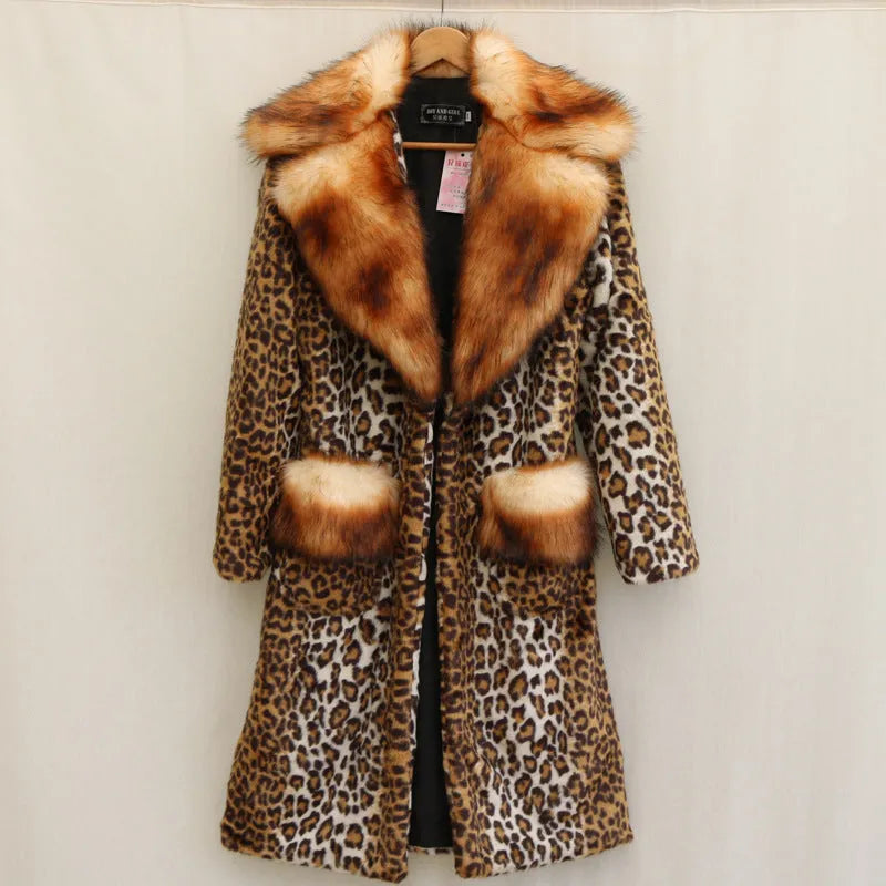 Women's long leopard print artificial fur jacket on a hanger, showing regular sleeves and 80cm length.
