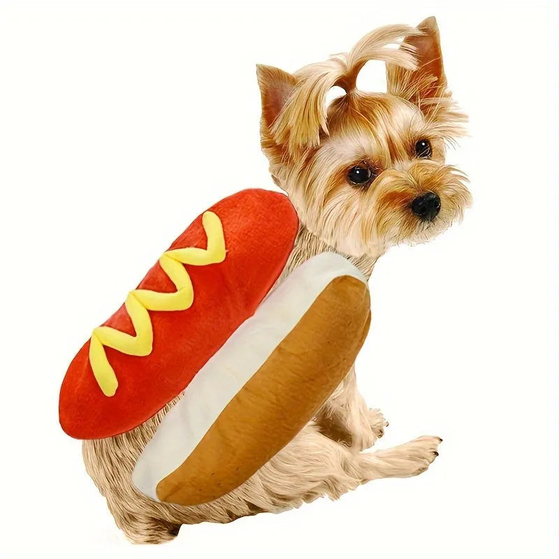 Brown and beige hot dog costume suit on a small dog for winter and parties.