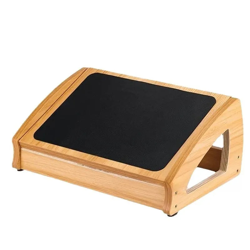Wooden adjustable bamboo office desk footstool in natural wood colour, modern simplicity style.