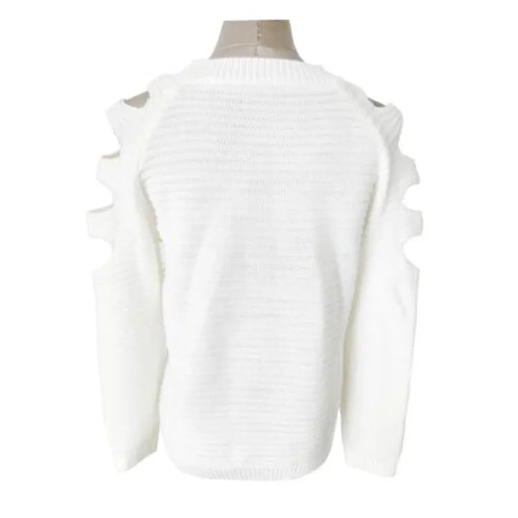 Women's grey crocheted hollow-out long-sleeved shirt with a round neckline.