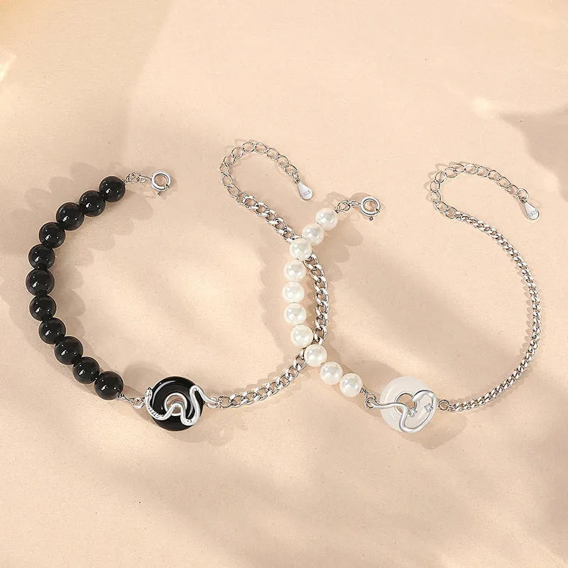 925 sterling silver Chinese obsidian pearl bracelet with safety buckle and zodiac snake design for couples